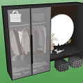 Black Modern Wardrobe with Glass Doors Hanging Clothes and Storage Ottomans