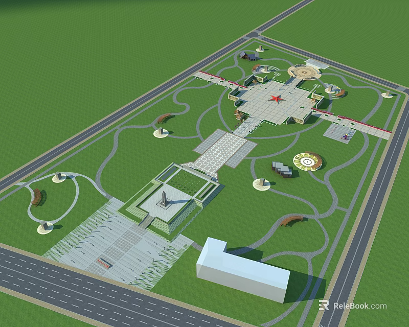 Park Landscape Design With Open Layout Green Spaces Walkways Central Plaza And Decorative Fountains 3d model 