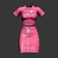 Stylish Pink Short Sleeve Leather Dress With Zipper And Belt Design