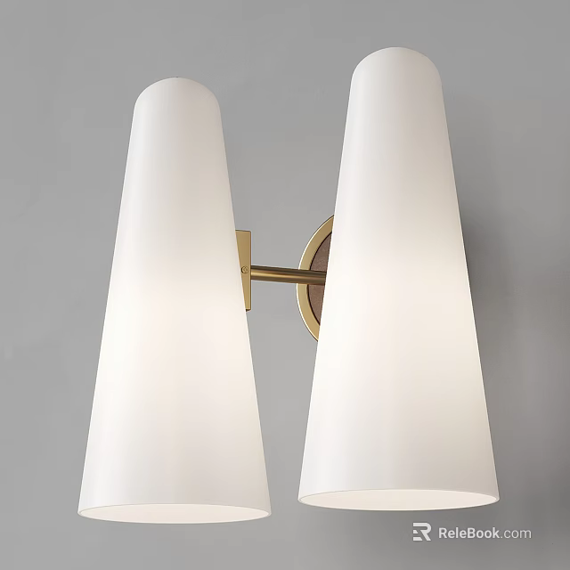 Modern Wall Sconce With White Conical Shades And Brass Bracket Mounted On Gray Wall 3d model 