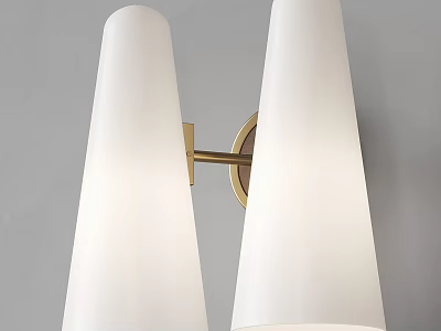 Modern Wall Sconce With White Conical Shades And Brass Bracket Mounted On Gray Wall 3d model