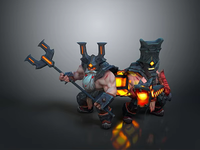 Two Armored Warrior Characters Holding Weapons With Glowing Orange Components In Fantasy Battle Armor Design 3d model