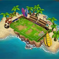 Cartoon Island Scene With Soccer Field Palm Trees Surfboards Banana Boat Umbrella And Soccer Ball