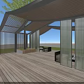 Modern Outdoor Pergola With Glass Panels Wooden Structure Stone Path And Green Lawn