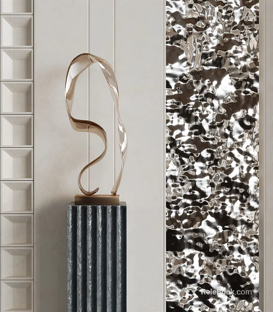 Abstract Metallic Sculpture Carving With Curved Design On Black Pedestal And Textured Wall 3d model 