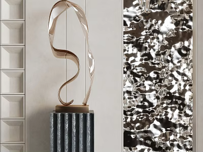 Abstract Metallic Sculpture Carving With Curved Design On Black Pedestal And Textured Wall 3d model