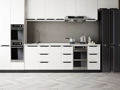 Modern Kitchen Interior With White Cabinets Black Refrigerator Oven And Range Hood 3d model