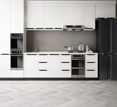 Modern Kitchen Interior With White Cabinets Black Refrigerator Oven And Range Hood 3d model