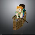 Minecraft Wooden Boat With Two Characters Rowing In Pixel Art Style