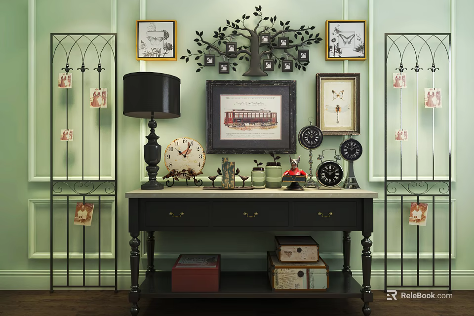 Vintage Entryway Console Table On Green Wall With Framed Art Decorative Tree And Storage Boxes 3d model 