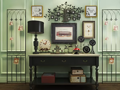 Vintage Entryway Console Table On Green Wall With Framed Art Decorative Tree And Storage Boxes 3d model