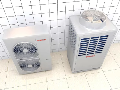 Two Toshiba Air Conditioner Fans in Room with White Tile Wall and Light Floor 3d model