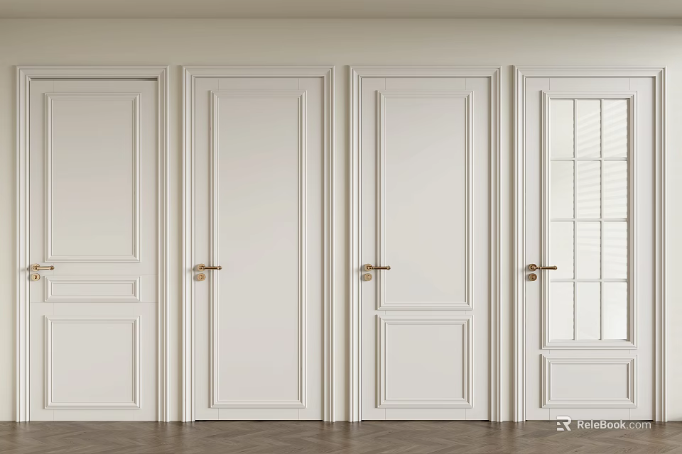 Multiple White Hinged Doors With Golden Handles Paneled Design In Modern Interior Wooden Flooring 3d model 