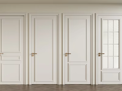 Multiple White Hinged Doors With Golden Handles Paneled Design In Modern Interior Wooden Flooring 3d model