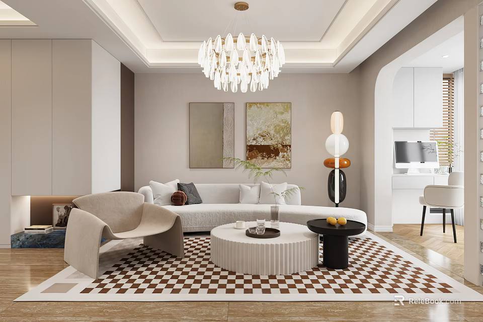Modern Living Dining Room Interior With Chandelier Sofa Checkered Rug And Coffee Table 3d model 