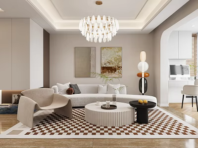 Modern Living Dining Room Interior With Chandelier Sofa Checkered Rug And Coffee Table 3d model