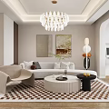 Modern Living Dining Room Interior With Chandelier Sofa Checkered Rug And Coffee Table