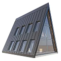 Modern Detached House With Triangular Black Metal Roof Large Glass Windows And Wooden Interior
