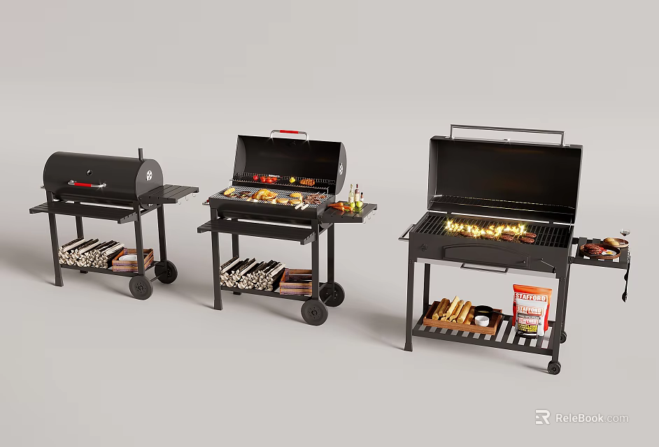 Black Outdoor Grills With Flaming Grates Rolling Wheels And Side Shelves 3d model 