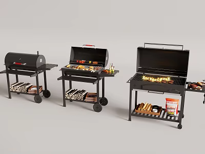 Black Outdoor Grills With Flaming Grates Rolling Wheels And Side Shelves 3d model
