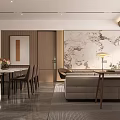 Elegant Modern Living Dining Room Interior Design With Sectional Sofa Marble Coffee Table And Bookshelf