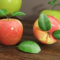 Fresh Green Apples and Red Peaches with Leaves on Wooden Table