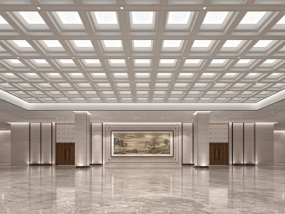 Elegant Hotel Lobby Interior With Grid Ceiling Recessed Lighting Marble Floor And Landscape Painting 3d model