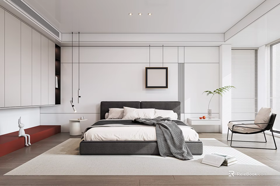 Modern Bedroom Interior Design With Dark Headboard Gray Blanket White Bedding And Green Plant 3d model 