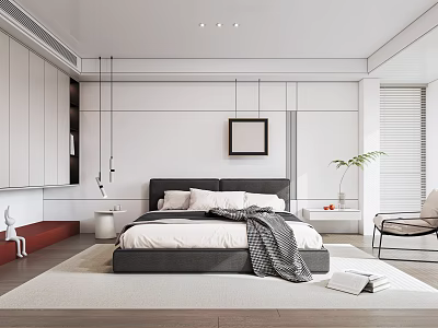 Modern Bedroom Interior Design With Dark Headboard Gray Blanket White Bedding And Green Plant 3d model