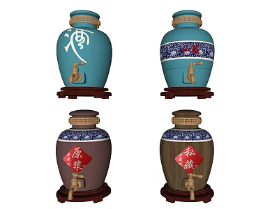 Blue And Brown Decorative Wine Jars With Wooden Stoppers Spigots And Chinese Character Labels On Stands 3d model