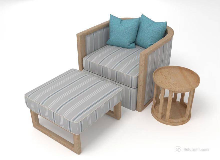 Armchair with Wooden Frame Striped Fabric Cushions Blue Pillows Ottoman and Round Side Table 3d model 