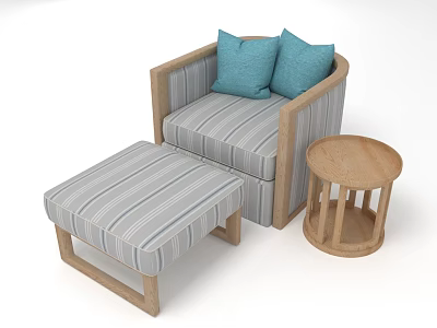 Armchair with Wooden Frame Striped Fabric Cushions Blue Pillows Ottoman and Round Side Table 3d model