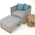 Armchair with Wooden Frame Striped Fabric Cushions Blue Pillows Ottoman and Round Side Table