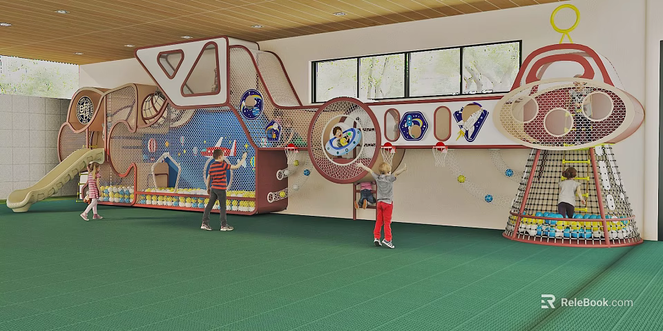 Kindergarten Indoor Play Area With Kids Playing On Climbing Net And Slide 3d model 