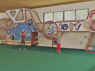 Kindergarten Indoor Play Area With Kids Playing On Climbing Net And Slide 3d model