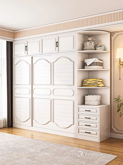 White Wardrobe Interior With Multiple Doors And Shelving Unit With Drawers Towels Baskets Decorations 3d model 