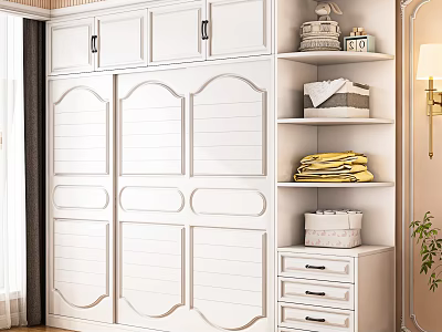 White Wardrobe Interior With Multiple Doors And Shelving Unit With Drawers Towels Baskets Decorations 3d model