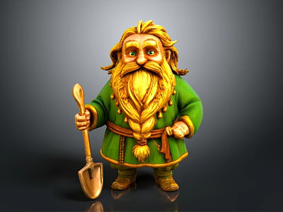 Fantasy Dwarf Character In Green Outfit With Golden Long Hair And Braided Beard Holding Shovel 3d model