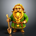 Fantasy Dwarf Character In Green Outfit With Golden Long Hair And Braided Beard Holding Shovel