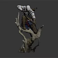 Detailed Assassin Game Character Statue With White Hood Arrow Quiver Standing On Tree Branch