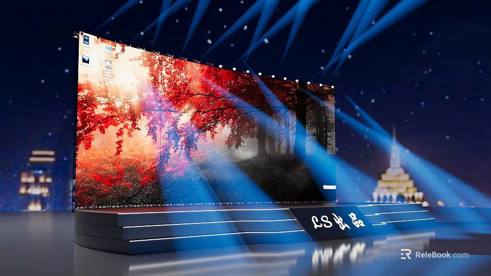 Stage Featuring Large Screen With Autumn Forest Visual And Blue Lights 3d model