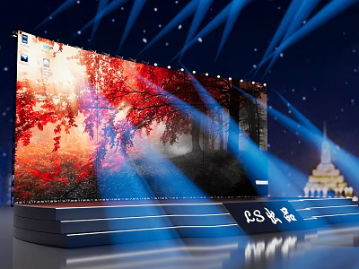 Stage Featuring Large Screen With Autumn Forest Visual And Blue Lights 3d model