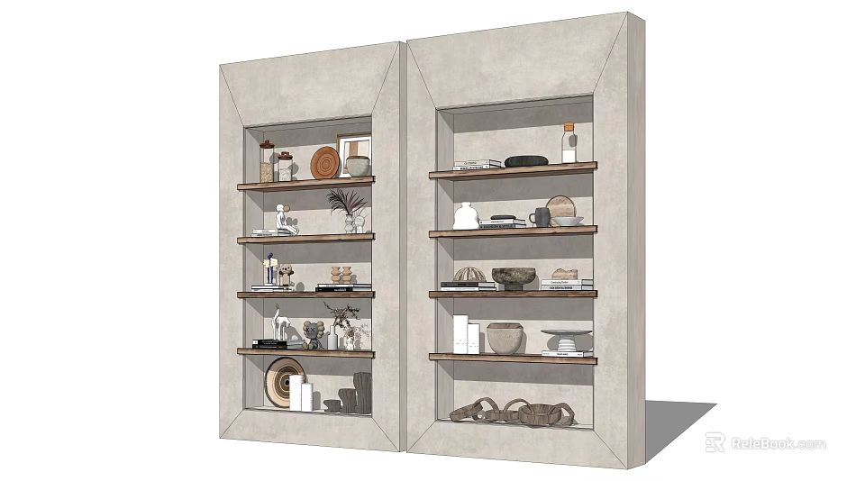 Modern Double Shelf Unit with Multiple Layers and Decorative Bowls Plates on Shelves 3d model 