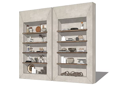 Modern Double Shelf Unit with Multiple Layers and Decorative Bowls Plates on Shelves 3d model