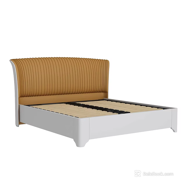 Modern Double Bed with Brown Striped Headboard and White Frame Design 3d model