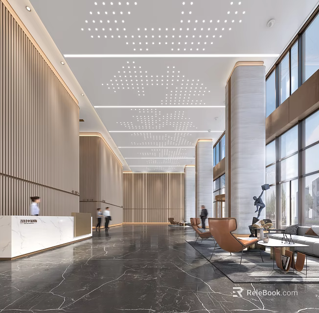 Modern Reception Desk in Lobby with Wooden Paneling Ceiling Lighting Sofa Seating and Window View 3d model 