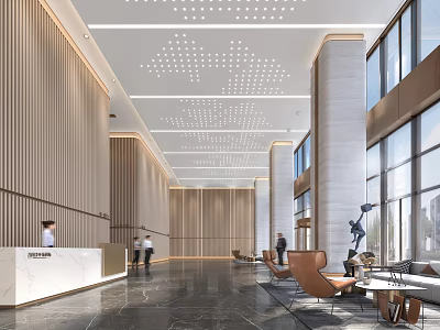 Modern Reception Desk in Lobby with Wooden Paneling Ceiling Lighting Sofa Seating and Window View 3d model