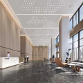 Modern Reception Desk in Lobby with Wooden Paneling Ceiling Lighting Sofa Seating and Window View 3d model