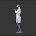 Woman in White Coat Gray Dress Blue Tights Making Heart Shape With Hands Gray Background