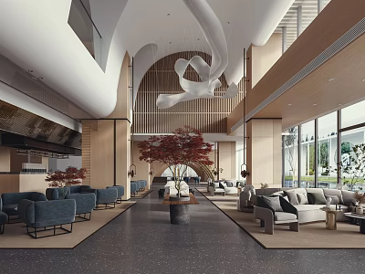 Elegant Modern Hotel Lobby Interior With Arched Design Wooden Elements And Green Plants 3d model